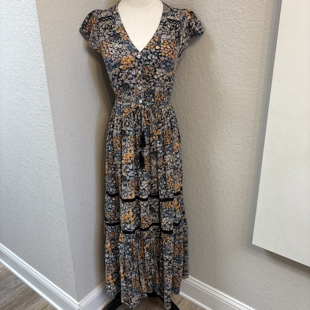 American Eagle Lace Tiered Floral Maxi Dress Women XS Multi Boho Prairie Cottage